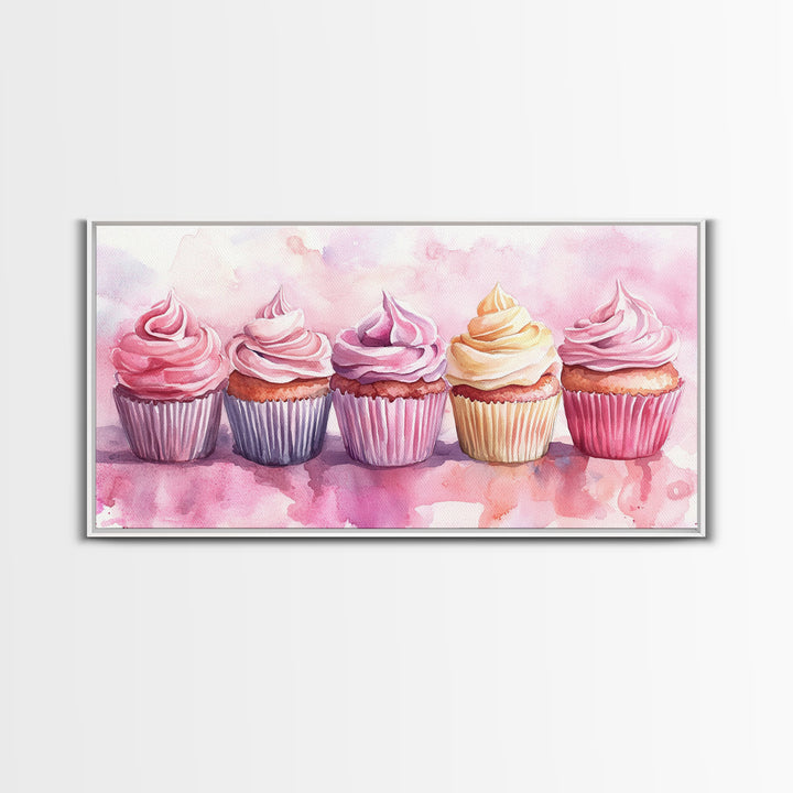Cupcake Row Canvas Print | Whimsical Sweet Treats Wall Art | Kitchen Dessert Artwork | Pastel Food Lover's Decor | Light Pink Whimsical Art