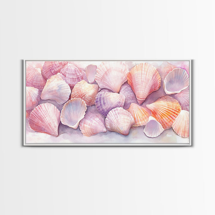 Coastal Seashell Canvas Print, Nautical Wall Art, Coastal Decor, Rustic Beach Art, Light Pink Shell Painting, Coastal Landscape Art Gift
