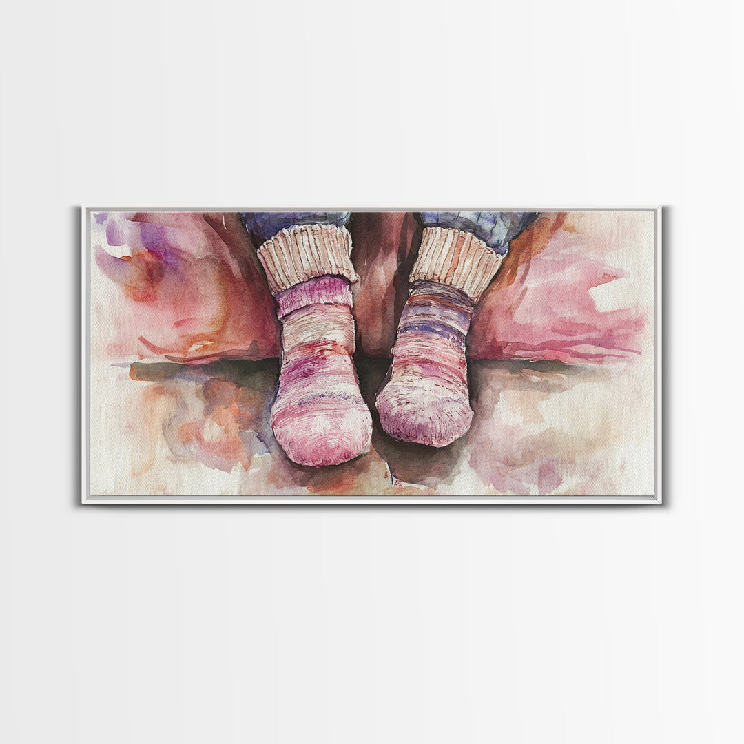 Cozy Socks Canvas Print, Rustic Light Pink and Warm Toned Painting, Whimsical Art as Fall Decor for Bedroom or Lounge Area