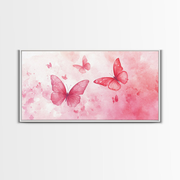 Pink Butterflies Canvas Print, Whimsical Art, Light Pink Wall Art, Feminine and Romantic Decor, Bedroom or Living Room Gift Idea