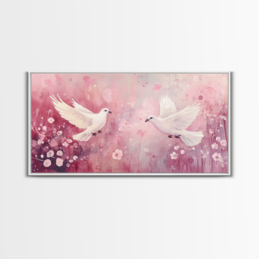 Romantic Doves Framed Canvas Print, Whimsical Pink and White Wall Art, Cherry Blossom Painting, Bedroom or Living Room Gift Idea