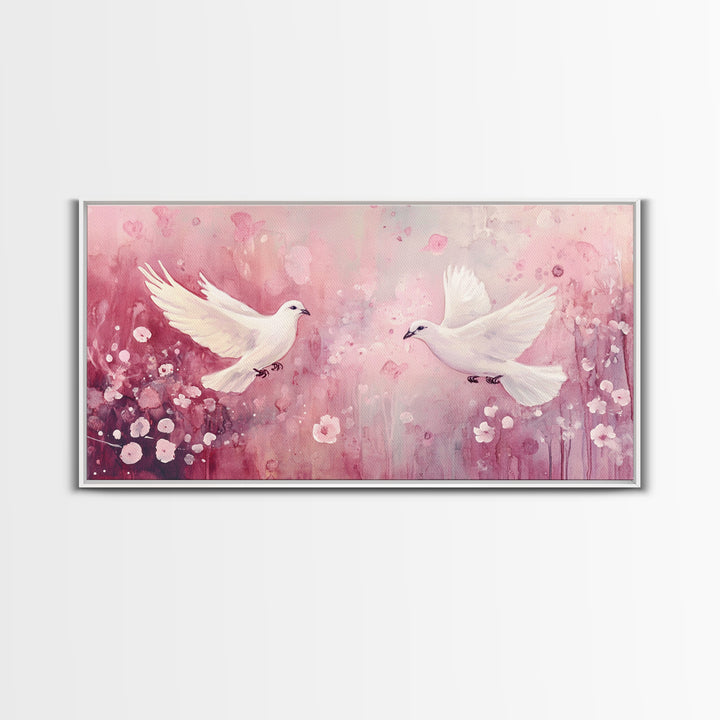 Romantic Doves Framed Canvas Print, Whimsical Pink and White Wall Art, Cherry Blossom Painting, Bedroom or Living Room Gift Idea