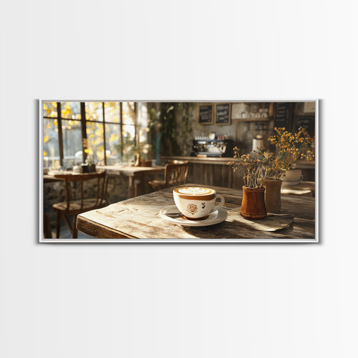 Cozy Cafe Latte Framed Canvas Print - Coffee Wall Art Kitchen Decor - Rustic Farmhouse Style Food Review Art - Gift Idea Her