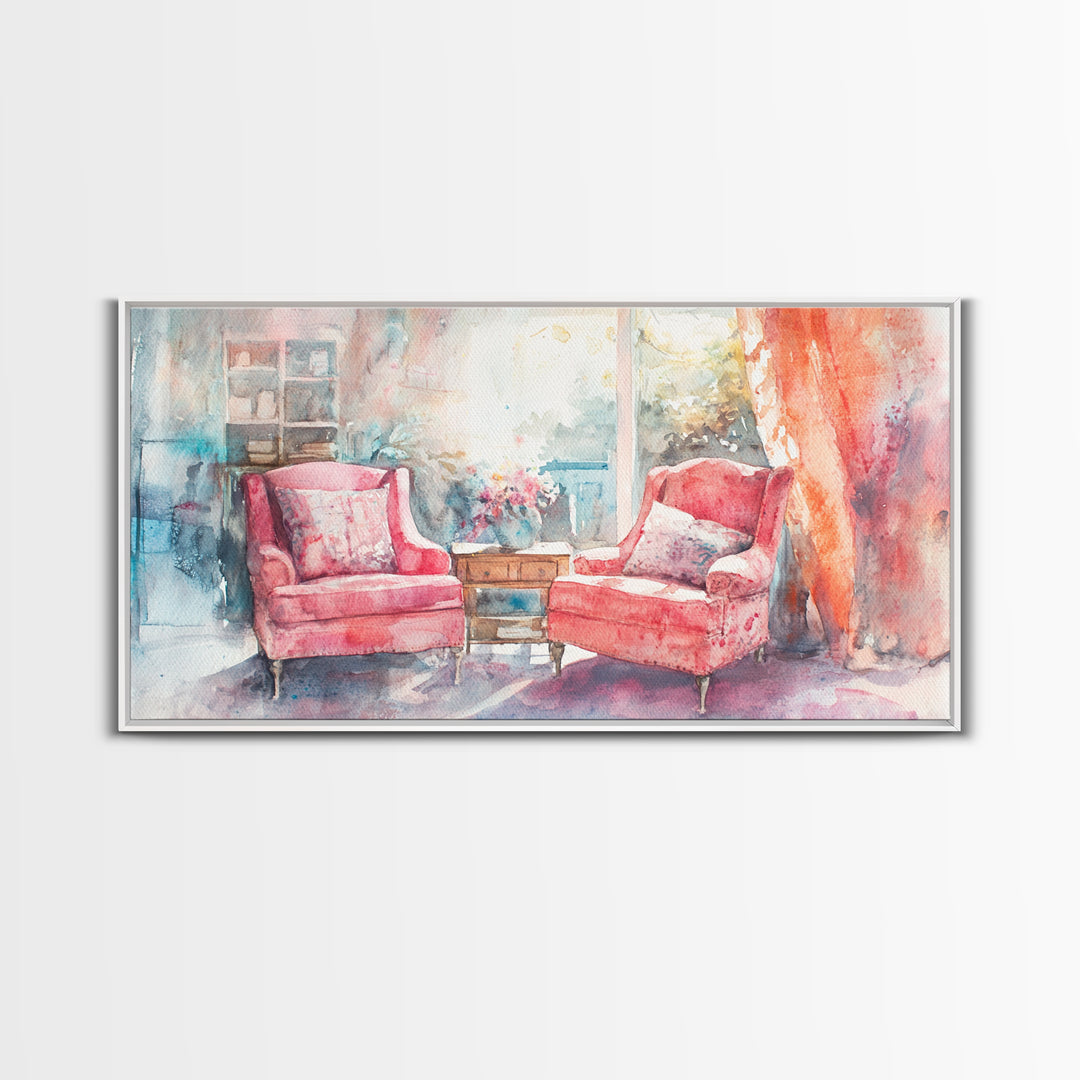Cozy Armchair Canvas Print | Farmhouse Living Room Wall Art | Rustic Decor | Framed Canvas Print Gift Idea | Above Couch Pink Art