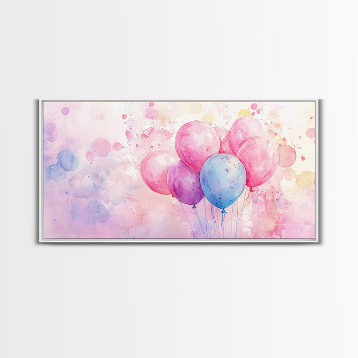 Balloon Cluster Canvas Print | Whimsical Art, Light Pink and Blue Wall Art, Birthday Decor, Pastel Wall Art, Playroom Art, Living Room Decor