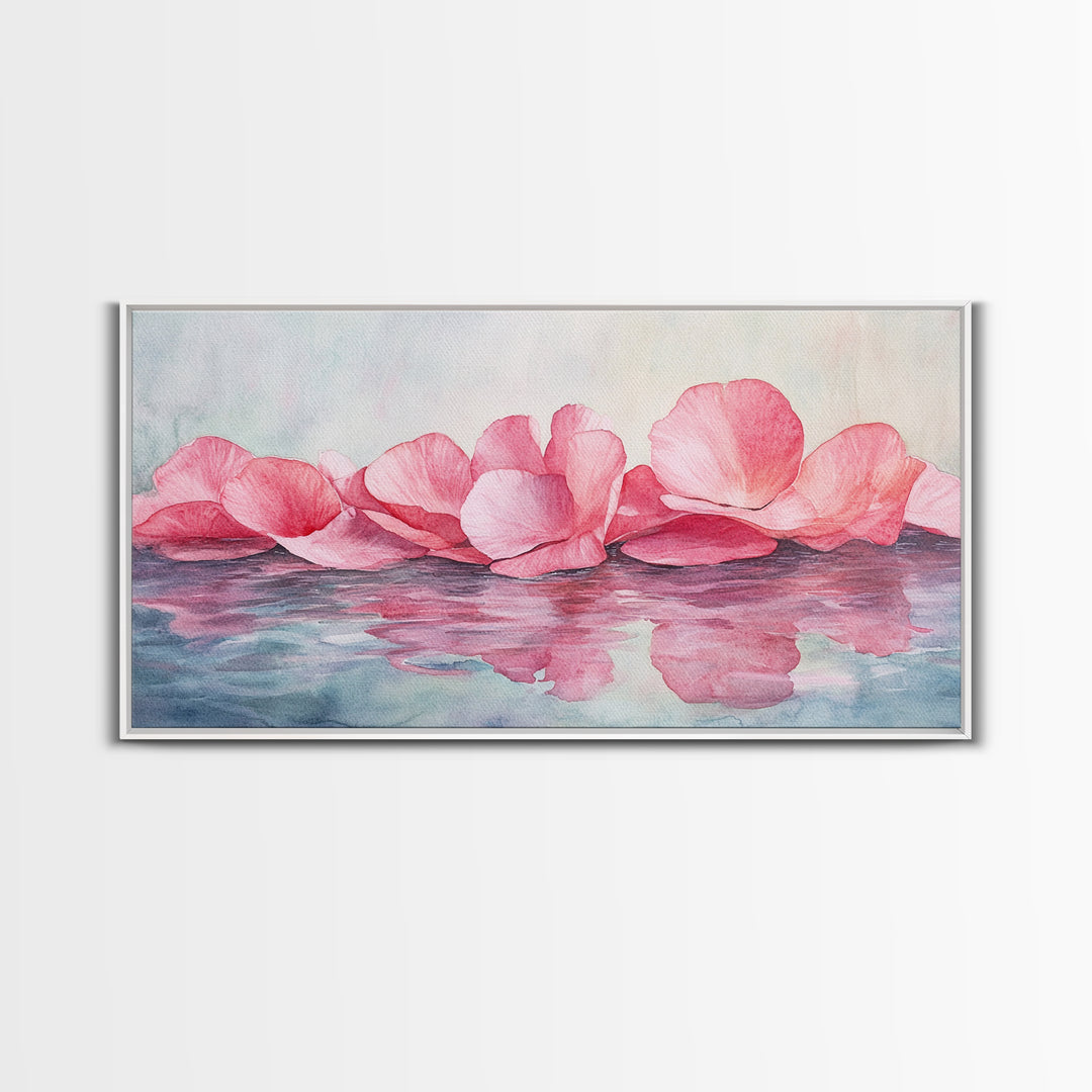 Delicate Rose Petals Reflected in Water Pink Wall Art on Framed Canvas Print, Romantic Bedroom or Living Room Accent Art