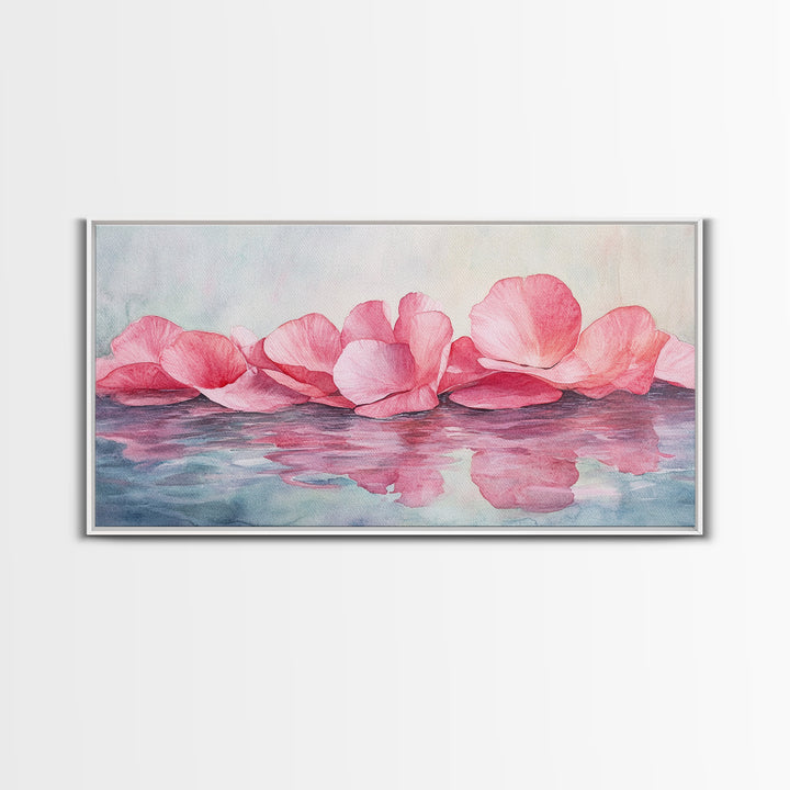 Delicate Rose Petals Reflected in Water Pink Wall Art on Framed Canvas Print, Romantic Bedroom or Living Room Accent Art