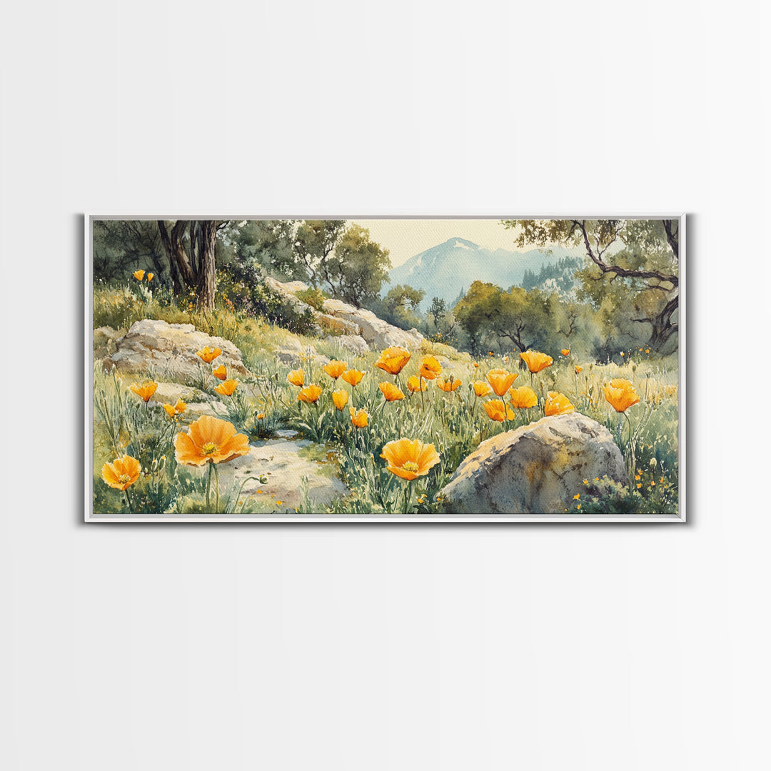 California Poppy Art Landscape Framed Canvas Print Wildflower Wall Art Rustic Decor Above Sofa Living Room Art Gift Idea