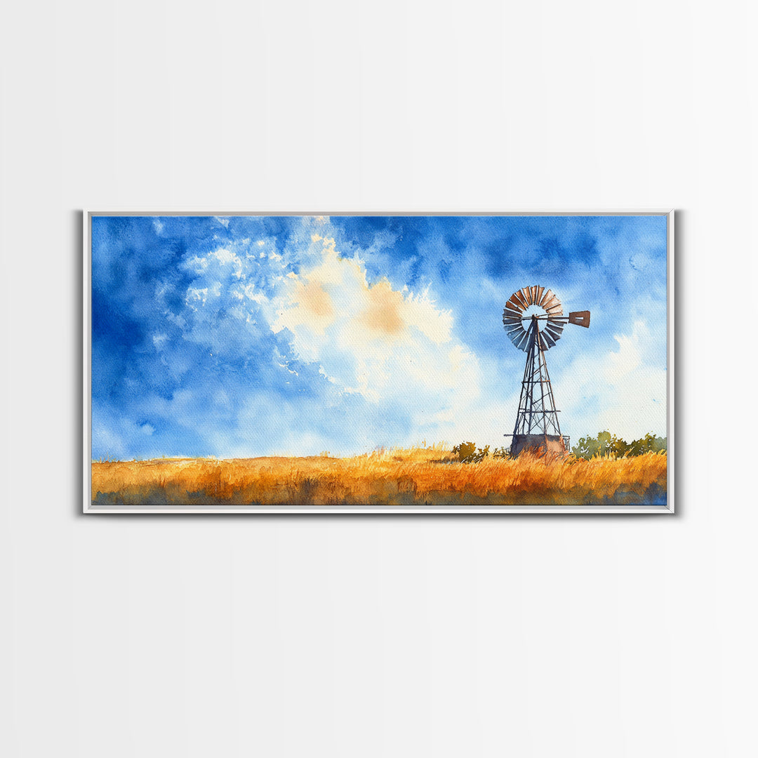 Bright Blue Sky Windmill Framed Canvas Print Rustic Farmhouse Art Horizontal Artwork Ideal Above Sofa Unique Living Room Wall Decor