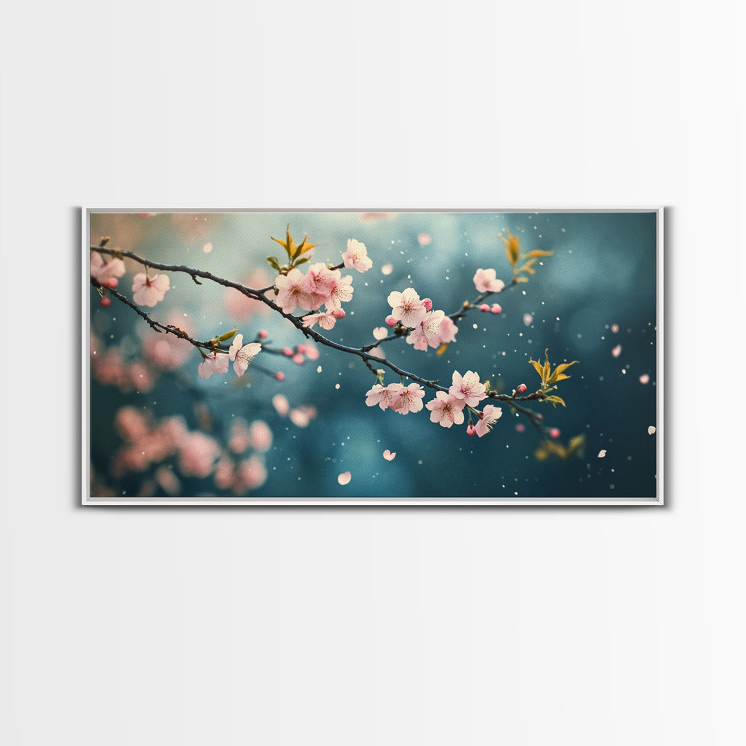 Blossoming Cherry Branch Framed Canvas Print Japanese Style Rustic Decor Great Gift Idea Botanical Prints Beautiful Bedroom Wall Art