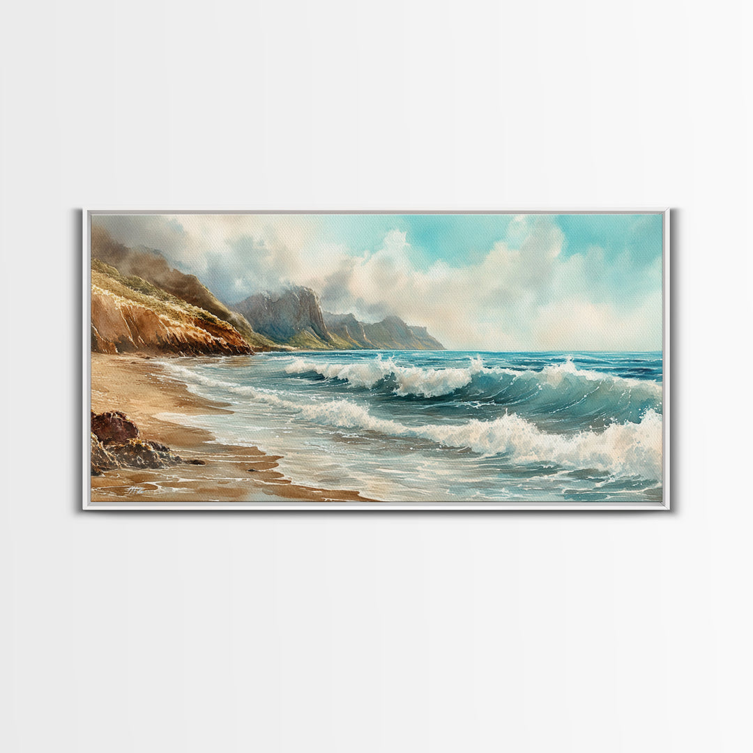 Coastal Landscape Canvas Print with Ocean Waves and Misty Cliffs, Nautical Wall Art Gift Idea, Coastal Decor Beach Painting