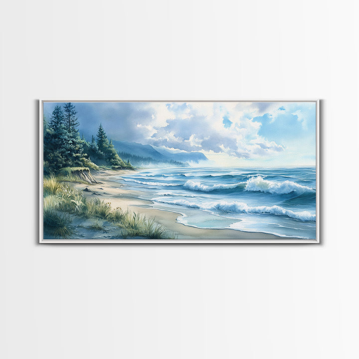 Canvas Print of Misty Coastal Morning Landscape with Rolling Waves, Nautical Wall Art Gift Idea, Serene Coastal Decor