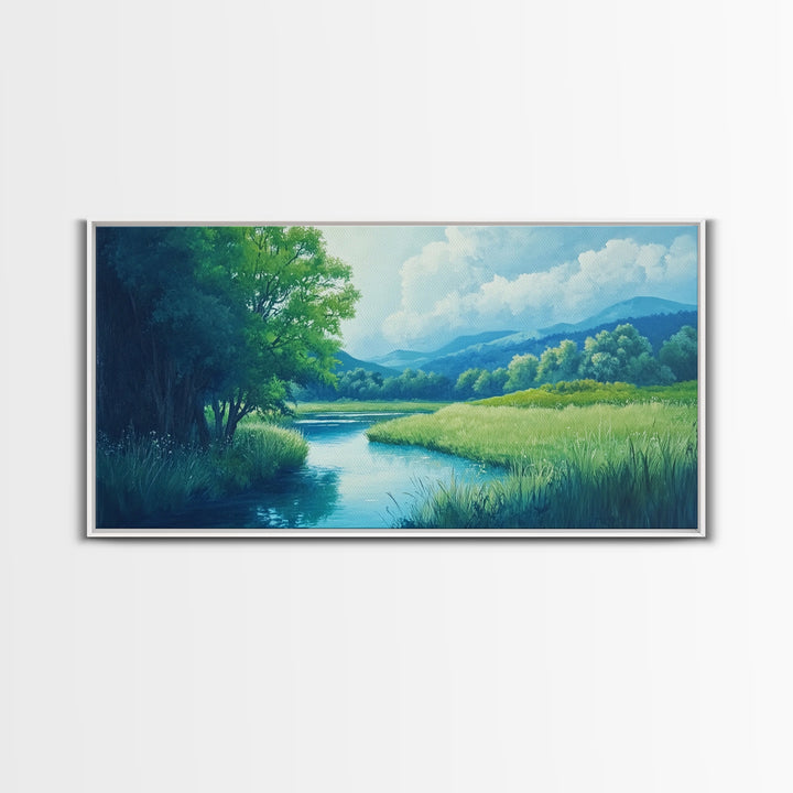 Canvas Print of Serene Green Valley and River Landscape, Rustic Wall Art, Gift Idea for Nature Lovers and Rustic Home Decor
