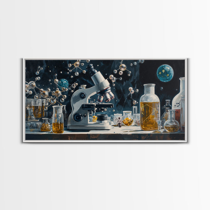 Science Art Framed Canvas Print, Microscope Molecular Wall Decor, Unique Therapy Art, Coastal Modern Living Room Art Gift Idea