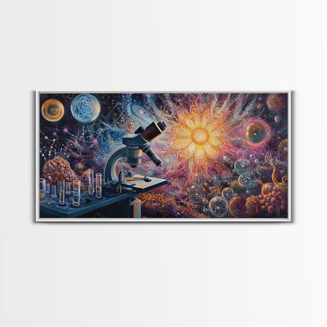 Zen Science Art Framed Canvas Print, Molecular Cosmos Microscope Painting, Moody Therapy Wall Decor, Above Sofa Living Room Art