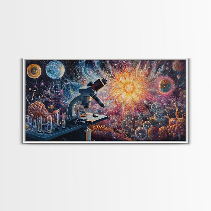 Zen Science Art Framed Canvas Print, Molecular Cosmos Microscope Painting, Moody Therapy Wall Decor, Above Sofa Living Room Art
