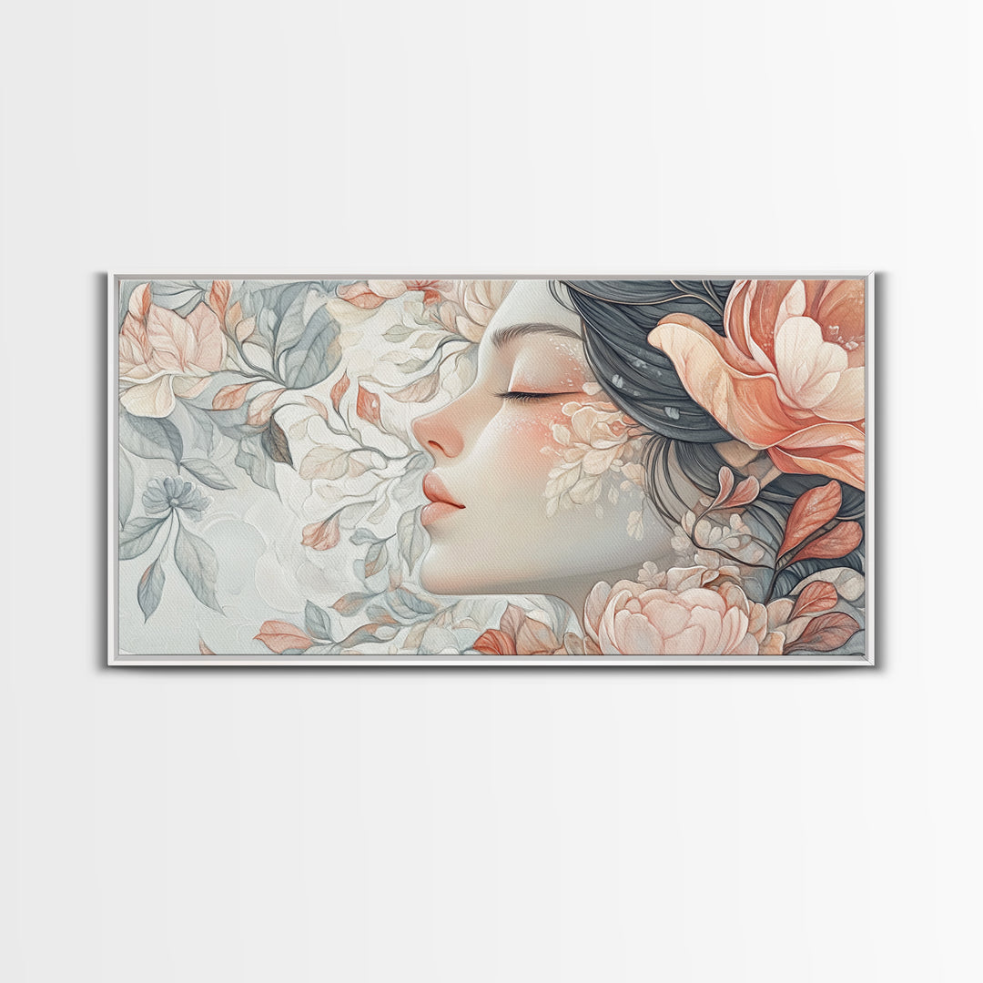 Dreamy Floral Goddess Framed Canvas Print with Light Pink Wall Art and Rose Painting Stunning Bedroom or Living Room Accent