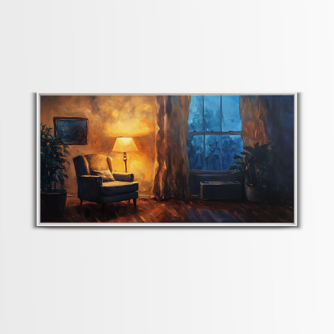 Cozy Armchair Framed Canvas Print, Rustic Living Room Art, Moody Interior Wall Art, Farmhouse Above Sofa Decor, Gift Idea For Him