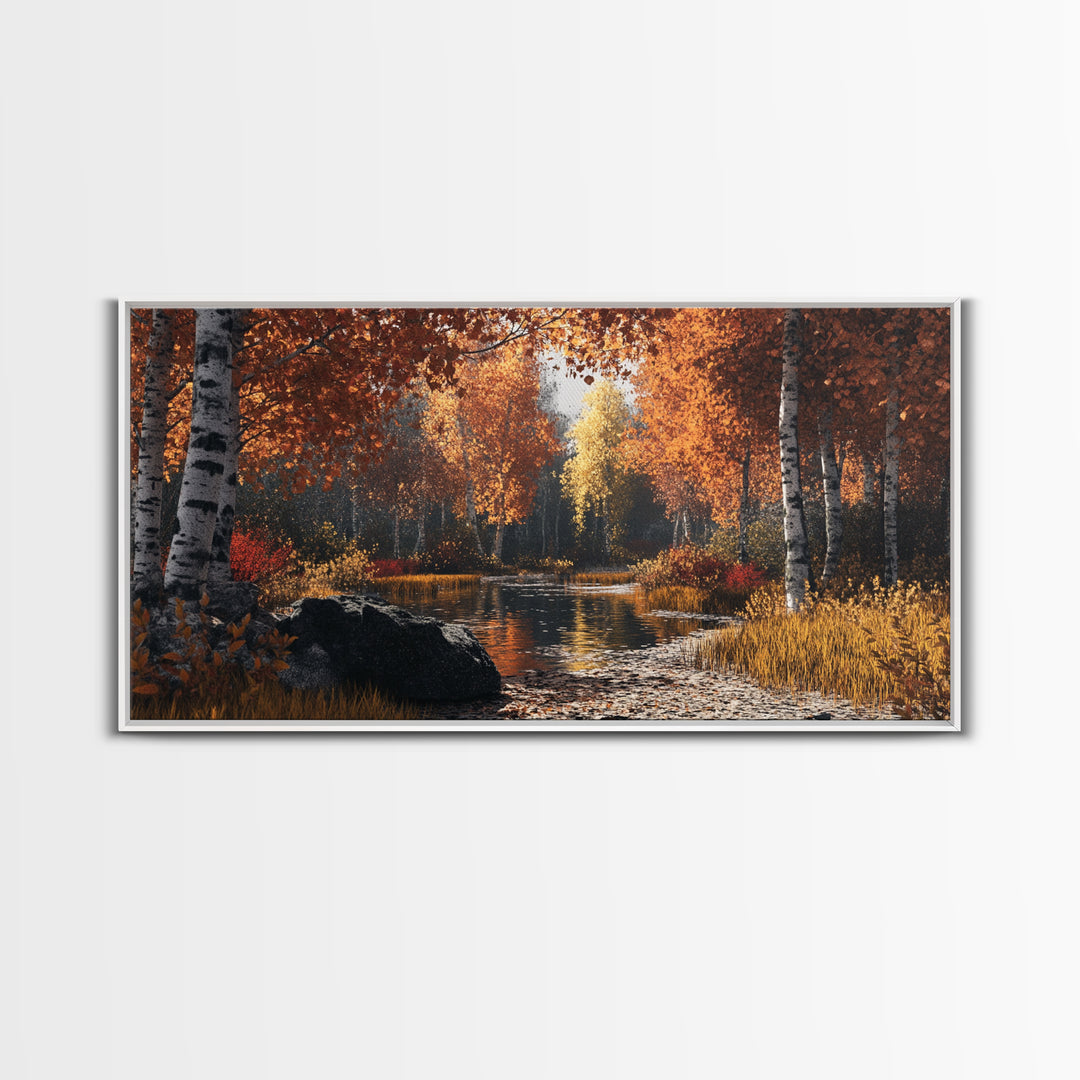 Autumn Birch Tranquility Framed Canvas Print with Birch Tree Painting and Fall Wall Art Rustic Art for Living Room Wall Decor