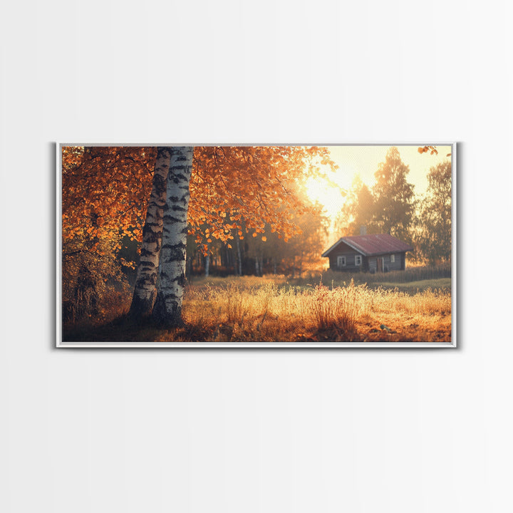 Cozy Autumn Cabin Framed Canvas Print with Fall Landscape Painting and Farmhouse Art Above Couch Art Living Room Rustic Decor