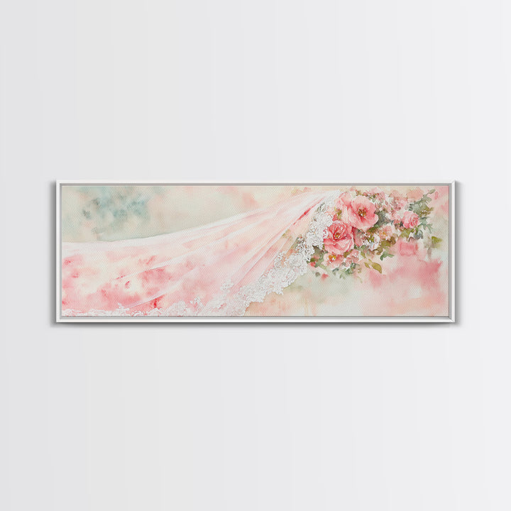 Romantic Rose Painting Canvas Print Featuring Bridal Lace, Botanical Prints Ideal Bedroom Art or Wedding Gift Idea