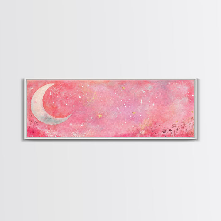 Crescent Moon Painting Canvas Print with Whimsical Starry Sky, Pink Wall Art for Living Room or Guest Room, Dreamy Decor
