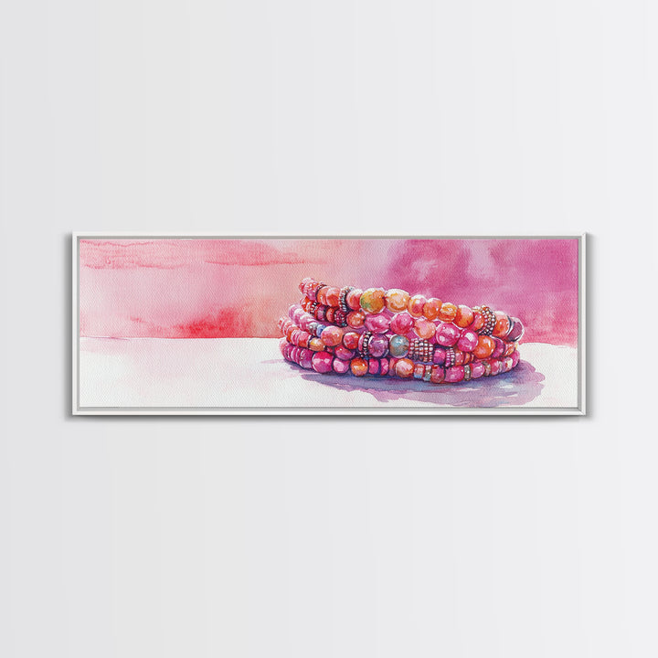 Beaded Bracelet Painting Canvas Print Featuring Whimsical Jewelry, Pink Orange Wall Art Ideal Bedroom or Dressing Room Art