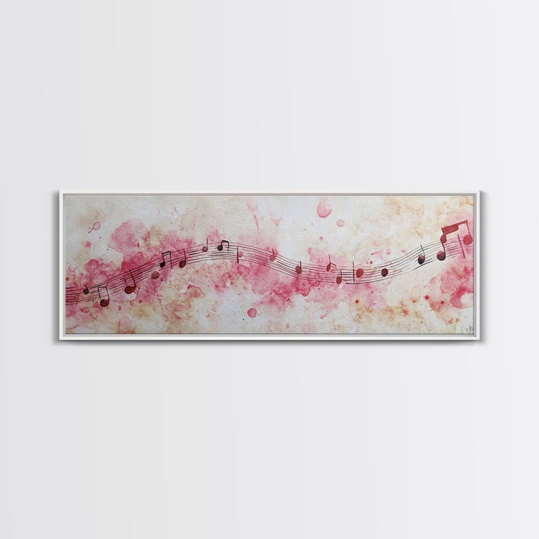 Pink Musical Notes Canvas Print, Rustic Abstract Artwork for Living Room, Nostalgic Art Nouveau Style, Horizontal Wall Art Decor