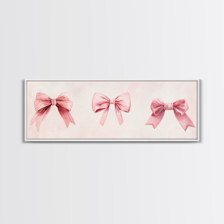 Light Pink Wall Art Canvas Print with Bows Decor, Minimalist Painting, Bedroom Art, Horizontal Abstract Artwork for Living Room