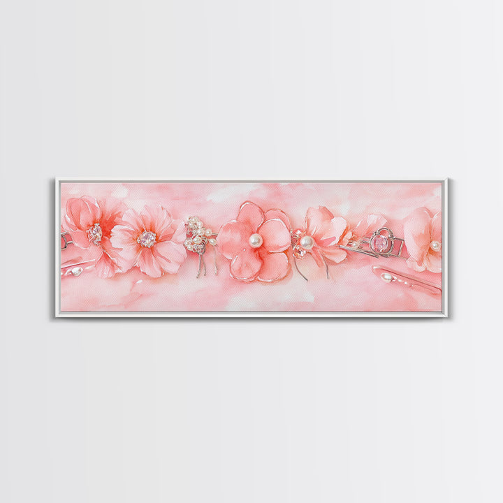 Cherry Blossom Canvas Print with Delicate Pearl Accents, Romantic Light Pink Wall Art for Bedroom or Coastal Wedding Decor