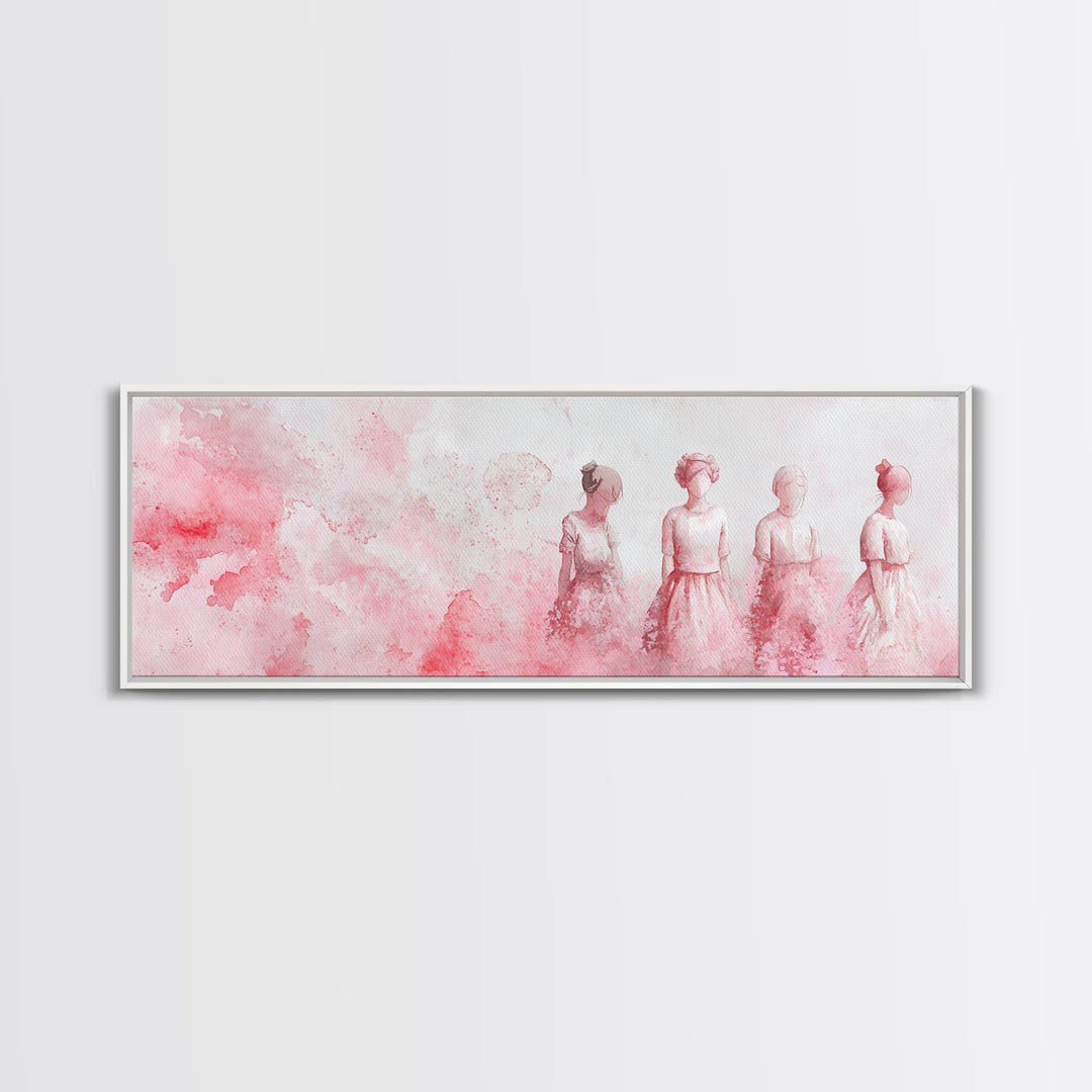 Four Women Canvas Print in Pink Abstract Art Style, Feminine Whimsical Aesthetic, Minimalist Living Room or Guest Room Horizontal Art
