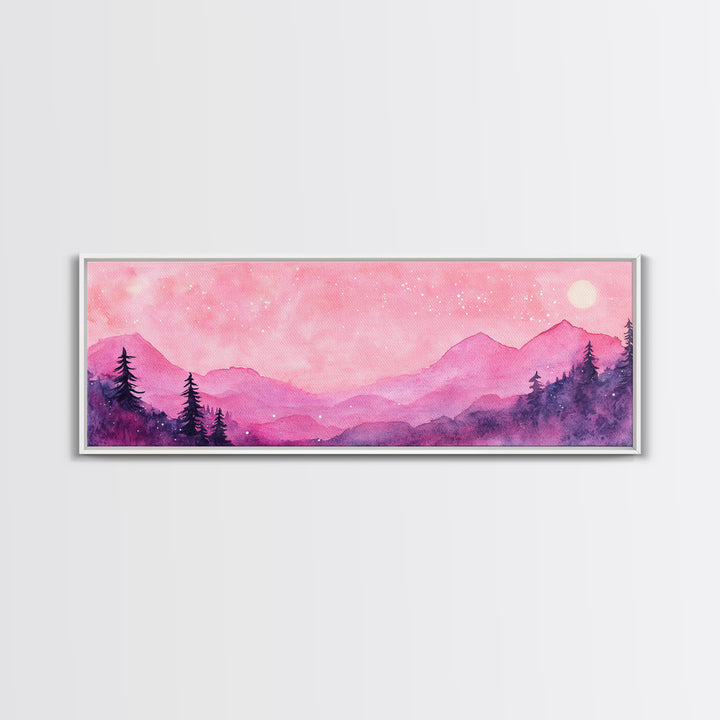 Mountain Landscape Art Framed Canvas Print in Light Pink Hues with Starry Sky, Bedroom or Living Room Artwork, Rustic Decor Painting