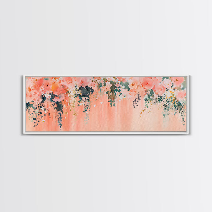 Floral Wildflower Painting Framed Canvas Print, Watercolor Botanical Prints in Peach and Green, Vertical Rustic Farmhouse Wall Art