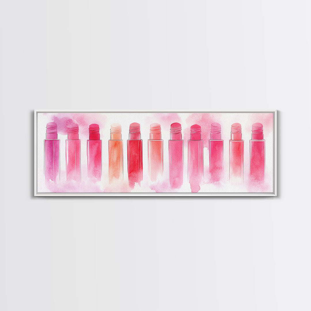 Pink Abstract Art Framed Canvas Print Featuring Lip Gloss Collection, Feminine Living Room Artwork, Boho Dorm Decor Gift Idea