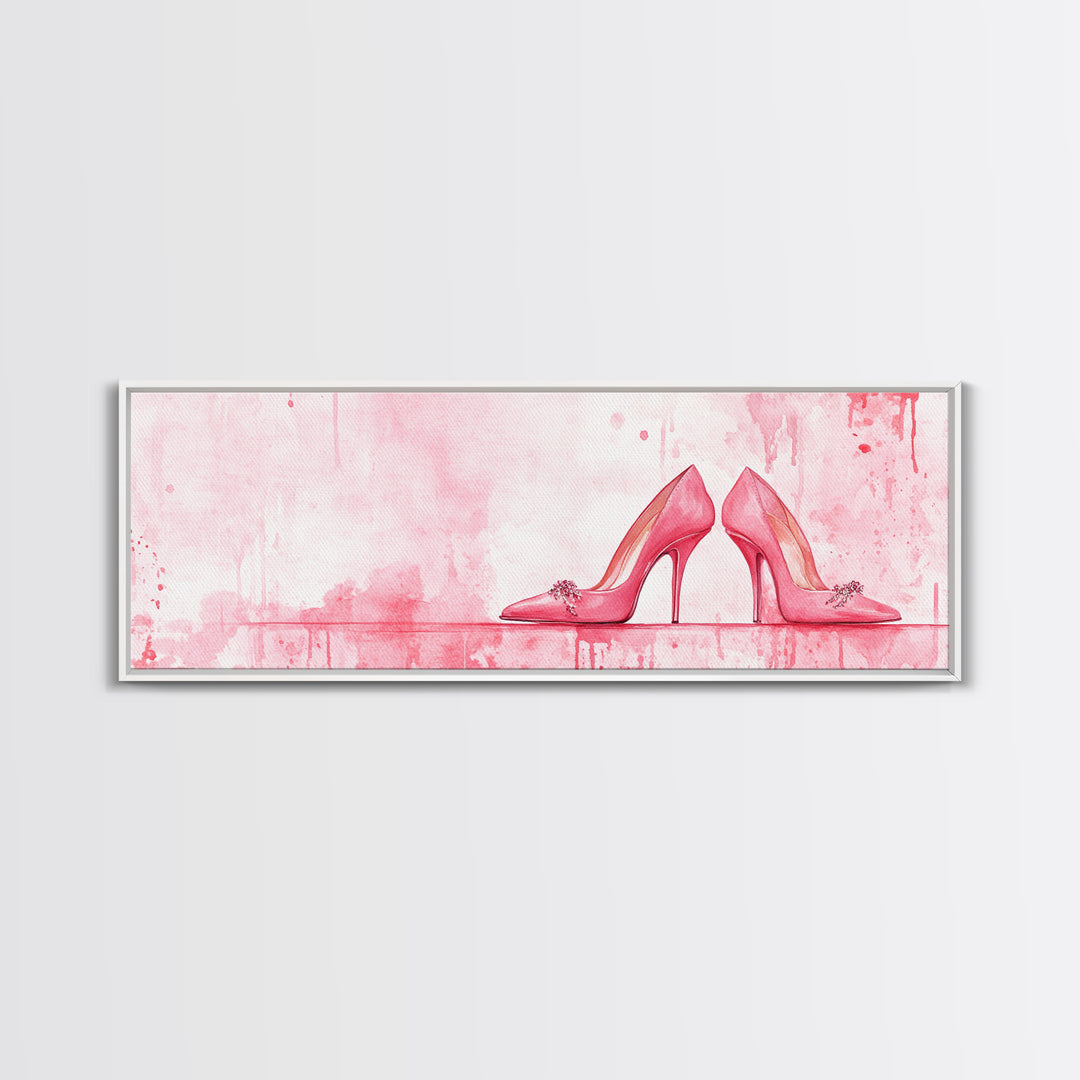 Light Pink Wall Art Framed Canvas Print Featuring Elegant High Heels, Feminine Bedroom Decor, Fashion Artwork Above Bed Idea