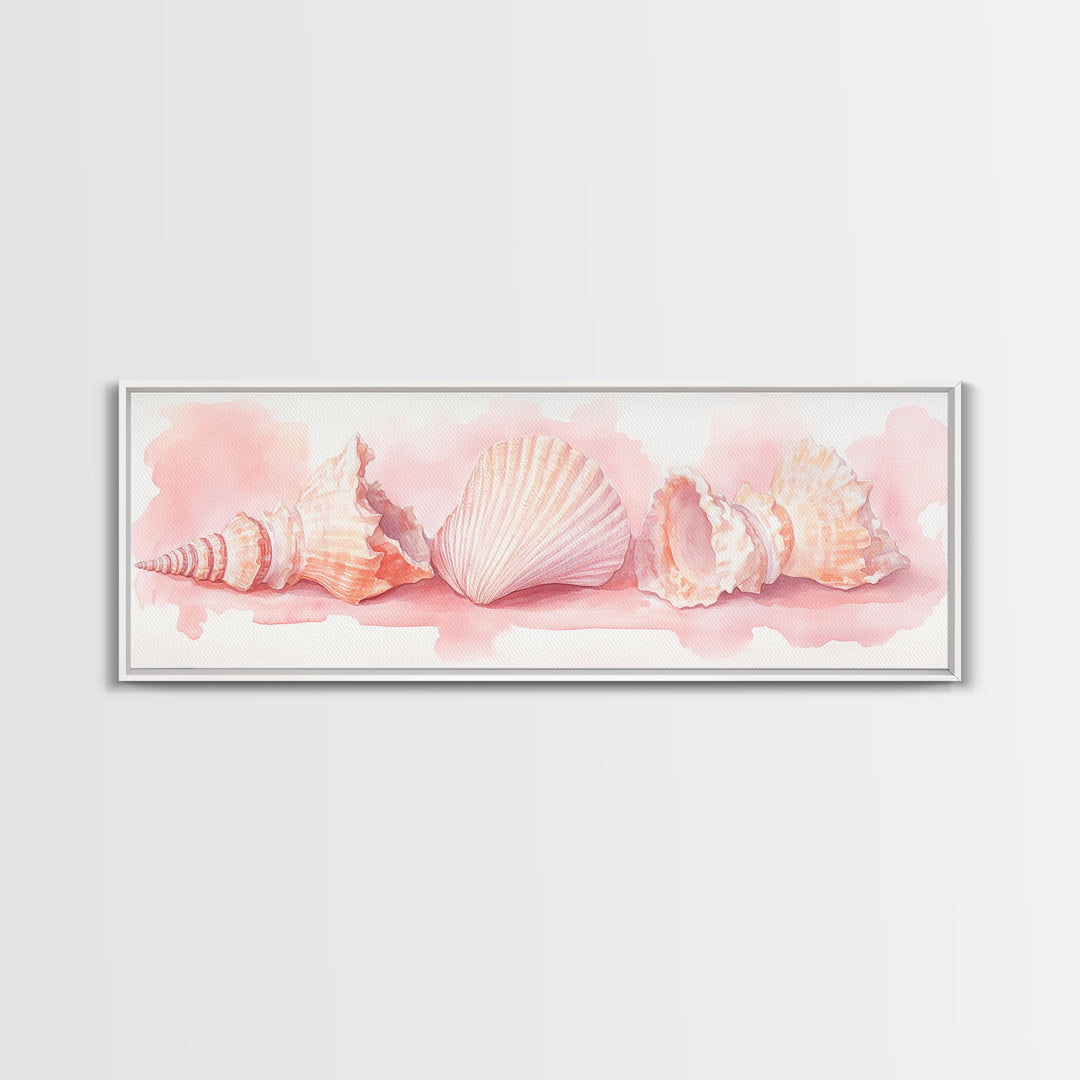 Shell Painting Framed Canvas Print Featuring Coastal Shells in Pastel Pink, Nautical Decor Idea, Horizontal Coastal Artwork