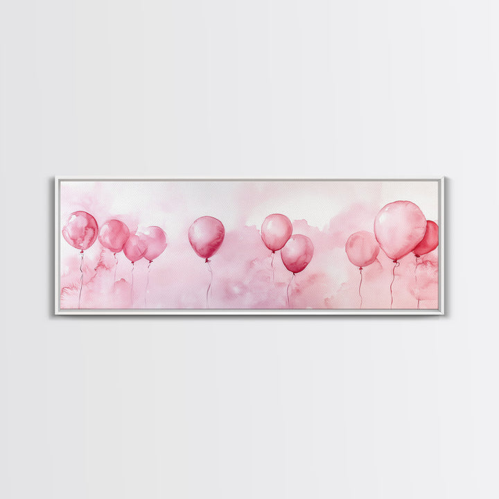 Balloon Painting Framed Canvas Print in Pastel Pink Hues, Whimsical Horizontal Artwork, Light Pink Wall Art for Living Room Decor