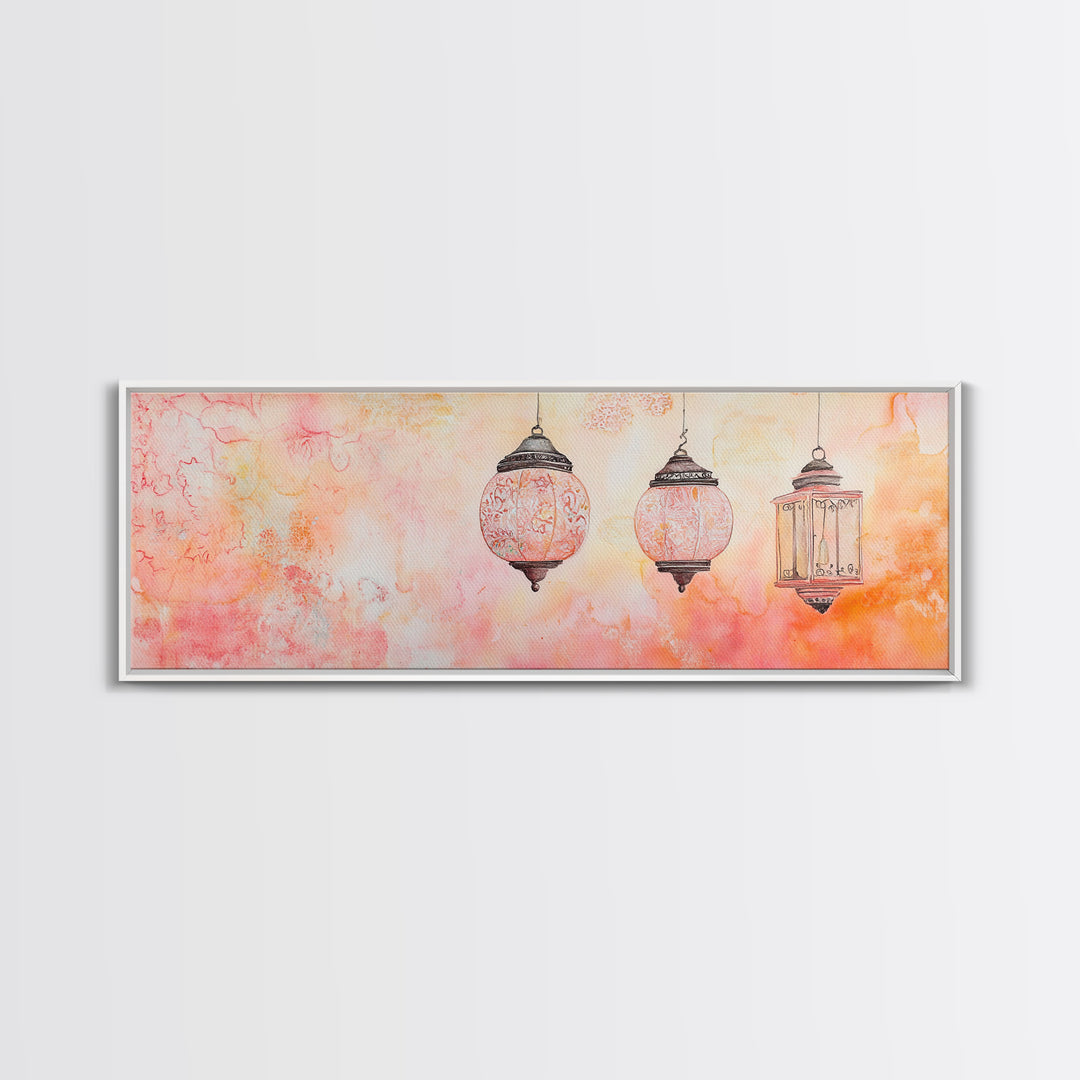 Moroccan Lanterns Canvas Print Pink Orange Wall Art Boho Decor Rustic Living Room Artwork Horizontal Farmhouse Style Gift Idea