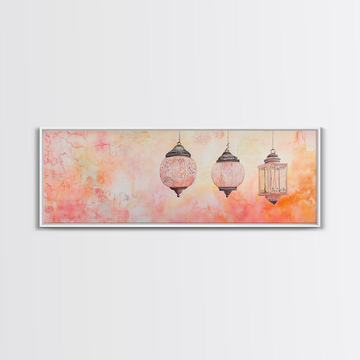 Moroccan Lanterns Canvas Print Pink Orange Wall Art Boho Decor Rustic Living Room Artwork Horizontal Farmhouse Style Gift Idea