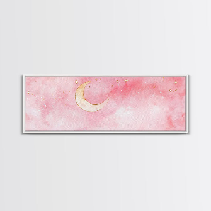 Crescent Moon Canvas Print Light Pink Wall Art Whimsical Night Sky Decor Bedroom Artwork Minimalist Boho Dreamy Gift Idea