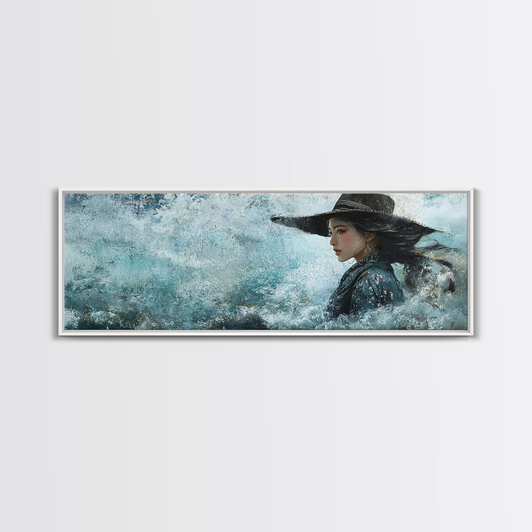Ocean Cowgirl Canvas Print Coastal Landscape Art Rustic Boho Wall Art Nautical Decor Panoramic Artwork Bedroom Guest Room Decor