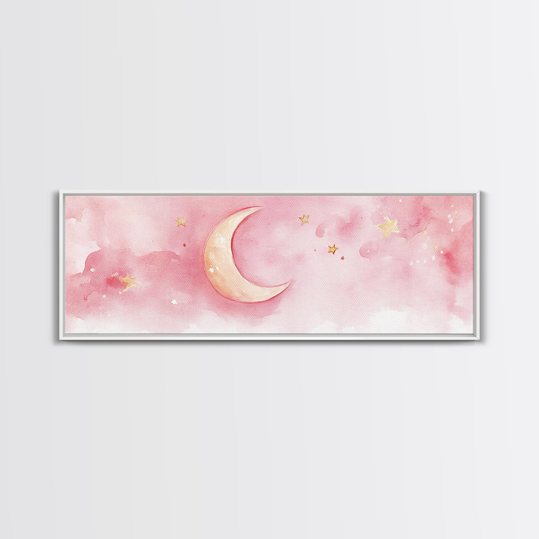 Crescent Moon with Stars Painting, Canvas Print, Light Pink Whimsical Wall Art, Nursery Aesthetic Artwork, Minimalist Cozy Decor