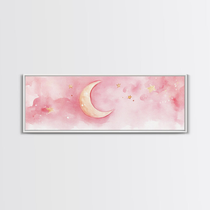 Crescent Moon with Stars Painting, Canvas Print, Light Pink Whimsical Wall Art, Nursery Aesthetic Artwork, Minimalist Cozy Decor