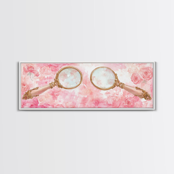 Antique Magnifying Glass Canvas Print, Rose Painting with Vintage Romantic Vibes, Rustic Farmhouse Wall Art, Guest Room Decor