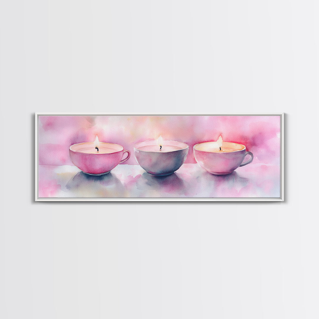 Candlelight Framed Canvas Print, Cozy Pastel Teacup Candles Art, Light Pink Wall Decor, Bedroom or Dining Room Whimsical Artwork