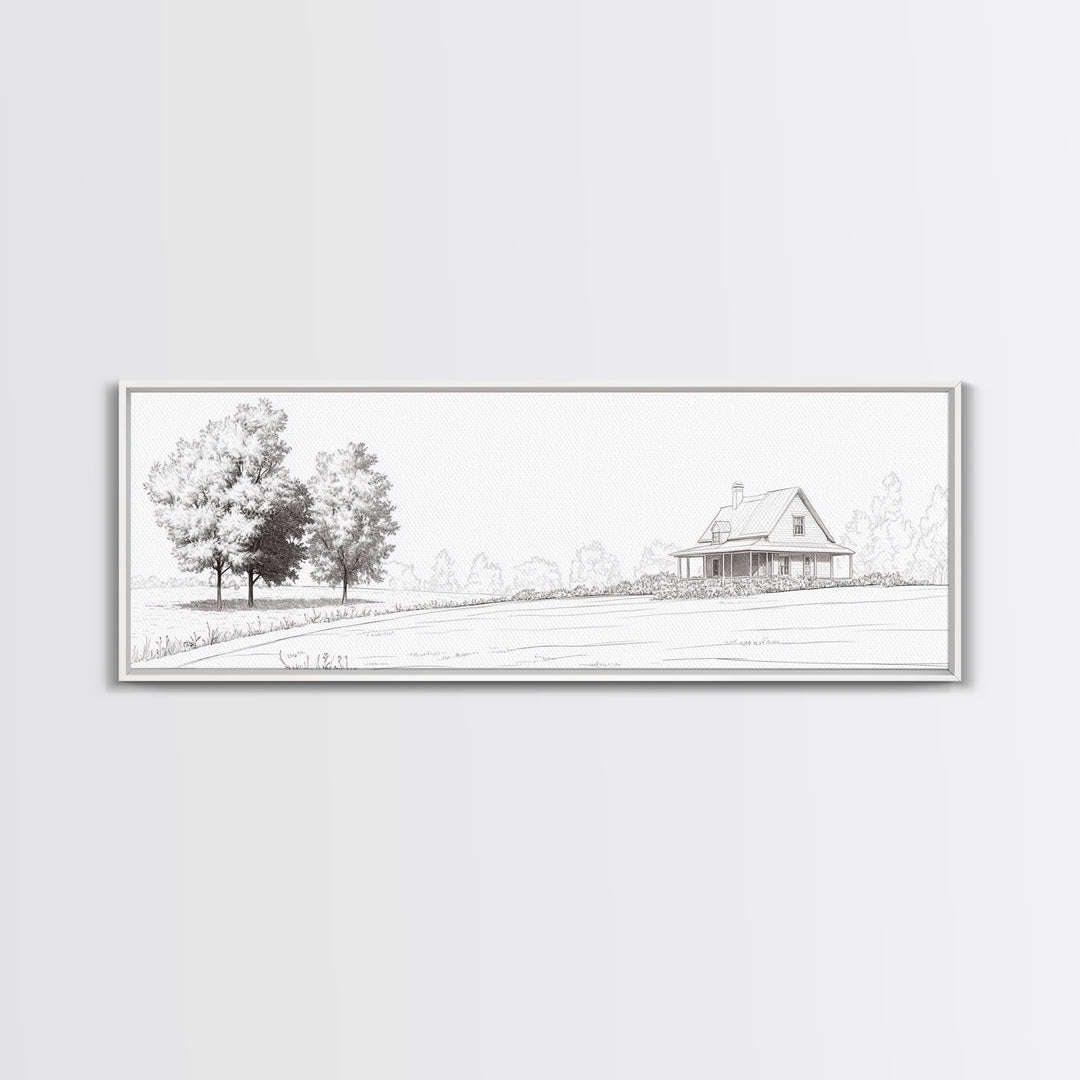 Rustic Farmhouse Framed Canvas Print, Black and White Landscape Art, Above Sofa Wall Art Minimalist Living Room Country Decor