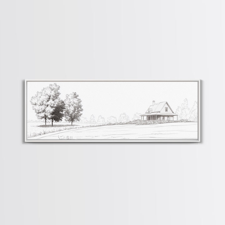 Rustic Farmhouse Framed Canvas Print, Black and White Landscape Art, Above Sofa Wall Art Minimalist Living Room Country Decor