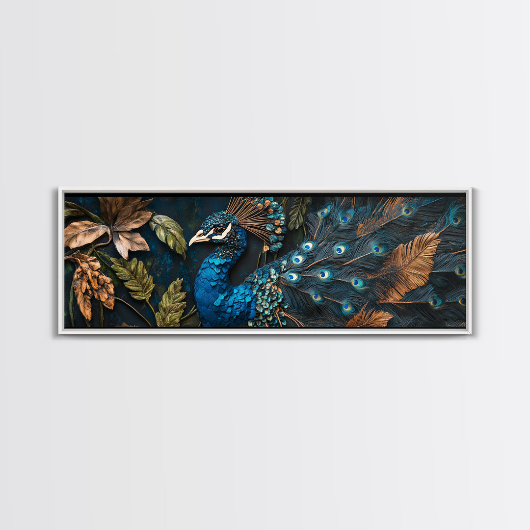 Blue Peacock Framed Canvas Print Chinoiserie Style Mosaic Wall Art Boho Rustic Decor Living Room Feature Art Print