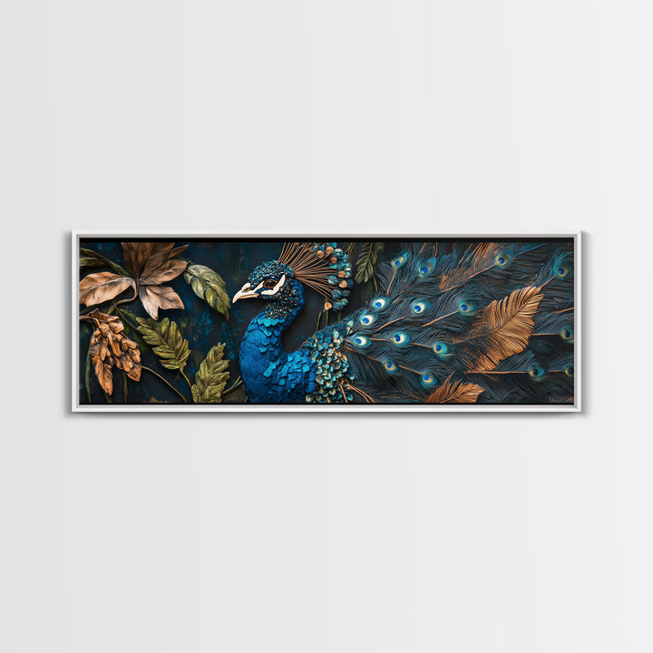 Blue Peacock Framed Canvas Print Chinoiserie Style Mosaic Wall Art Boho Rustic Decor Living Room Feature Art Print