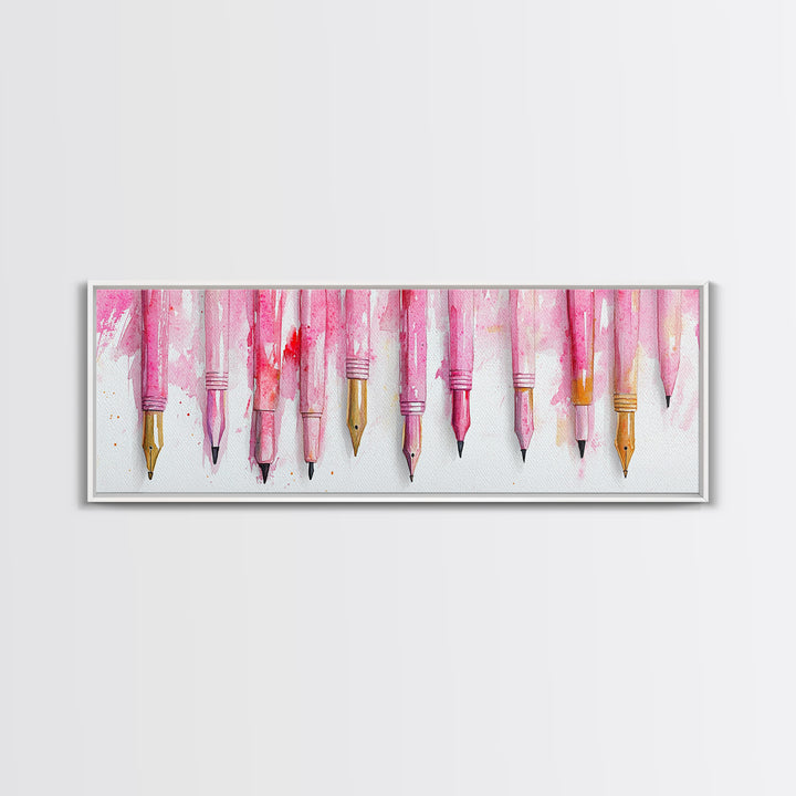 Abstract Pink Pens Framed Canvas Print - Whimsical Art, Light Pink Dorm Wall Decor, Vertical Art Gift Idea, Unique Living Room Canvas Print
